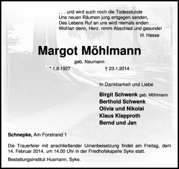 Traueranzeige von Margot Möhlmann von KRZ