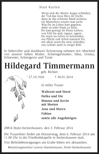 Traueranzeige von Hildegard Timmermann von KRZ