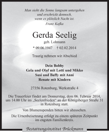 Traueranzeige von Gerda Seelig von KRZ