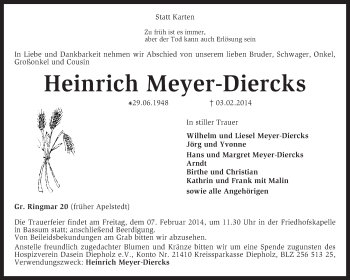 Traueranzeige von Heinrich Meyer-Diercks von KRZ