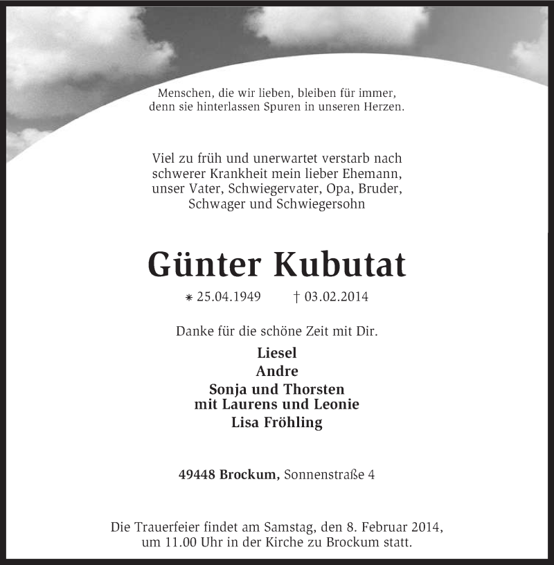  Traueranzeige für Günter Kubutat vom 05.02.2014 aus KRZ