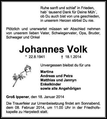 Traueranzeige von Johannes Volk von KRZ