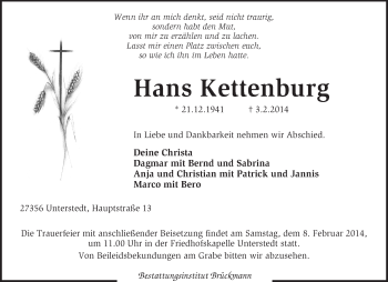 Traueranzeige von Hans Kettenburg von KRZ