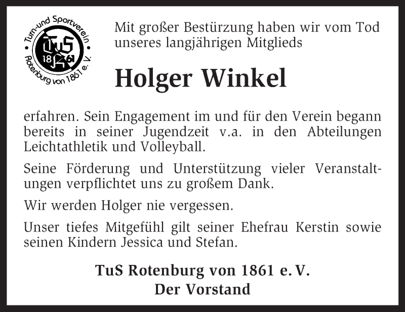  Traueranzeige für Holger Winkel vom 07.02.2014 aus KRZ