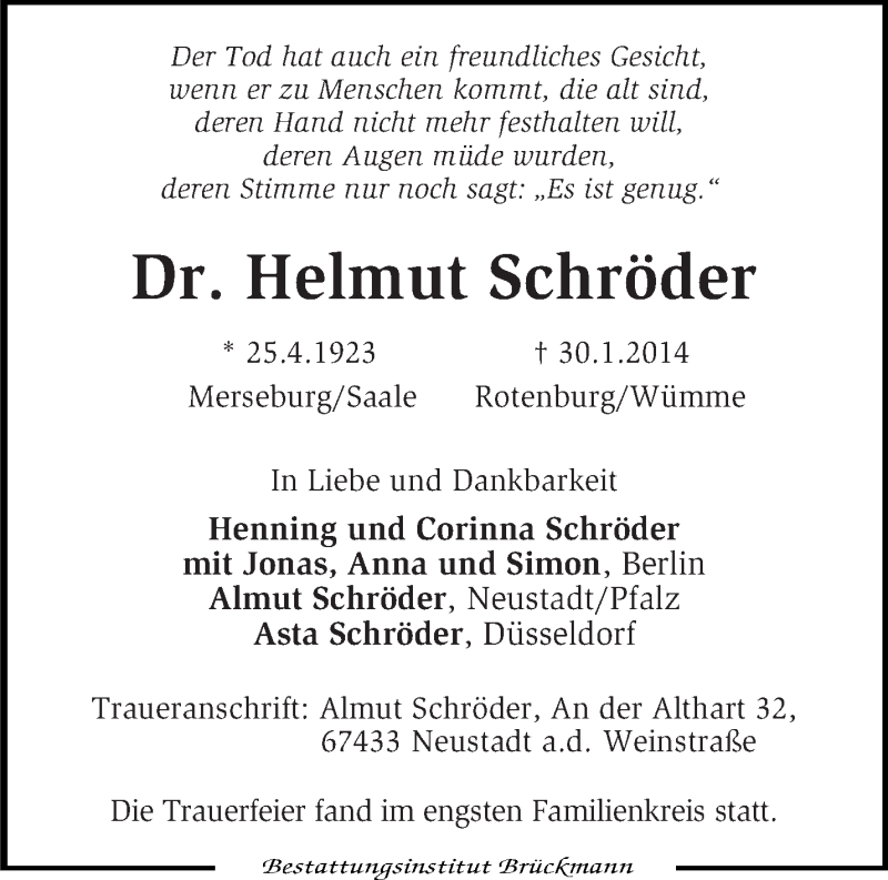  Traueranzeige für Helmut Schröder vom 08.02.2014 aus KRZ