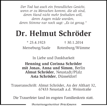 Traueranzeige von Helmut Schröder von KRZ