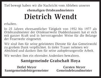 Traueranzeige von Dietrich Wendt von KRZ