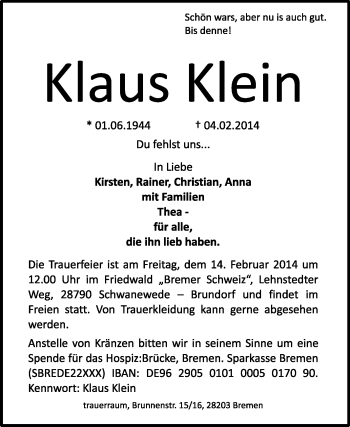 Traueranzeige von Klaus Klein von KRZ