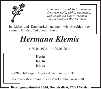 Traueranzeige von Hermann Klemis von KRZ