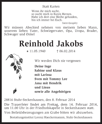 Traueranzeige von Reinhold Jakobs von KRZ