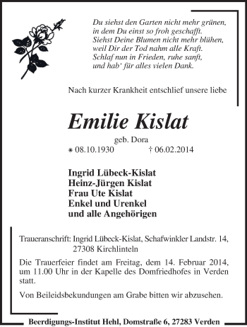 Traueranzeige von Emilie Kislat von KRZ