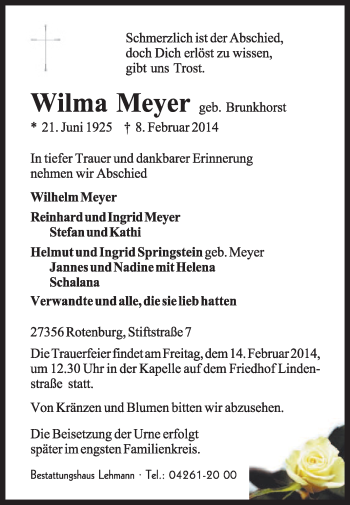 Traueranzeige von Wilma Meyer von KRZ