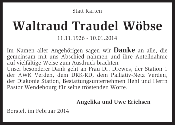 Traueranzeige von Waltraud Traudel Wöbse von KRZ