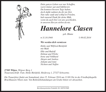 Traueranzeige von Hannelore Clasen von KRZ