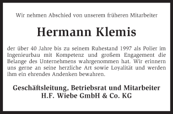 Traueranzeige von Hermann Klemis von KRZ