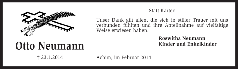  Traueranzeige für Otto Neumann vom 15.02.2014 aus KRZ