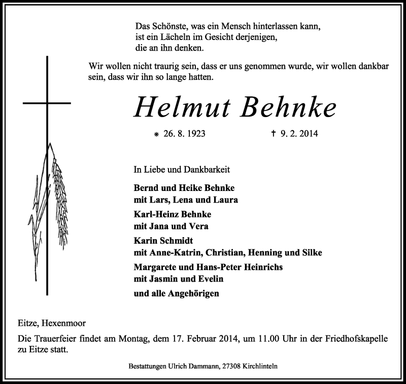  Traueranzeige für Helmut Behnke vom 12.02.2014 aus KRZ