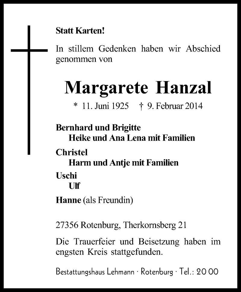  Traueranzeige für Margarete Hanzal vom 17.02.2014 aus KRZ