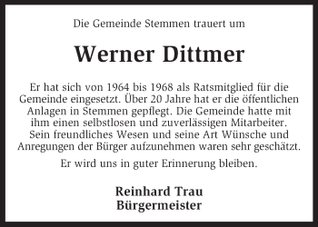 Traueranzeige von Werner Dittmer von KRZ