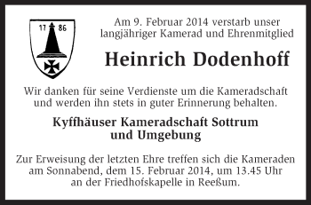 Traueranzeige von Heinrich Dodenhoff von KRZ