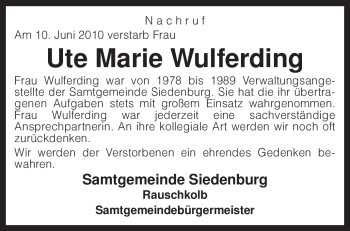 Traueranzeige von Ute Marie Wulferding von KREISZEITUNG SYKE