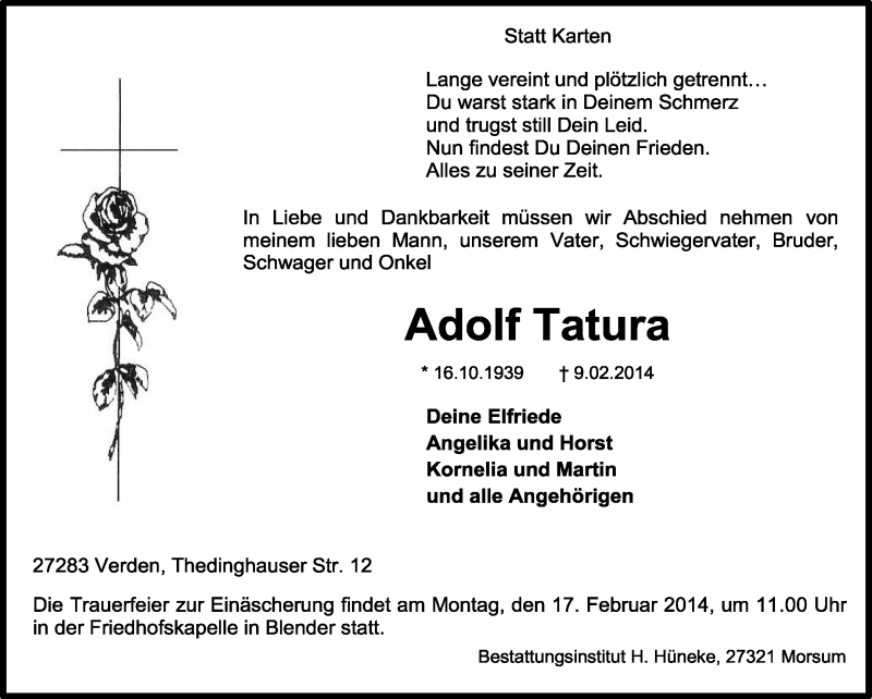  Traueranzeige für Adolf Tatura vom 15.02.2014 aus KRZ