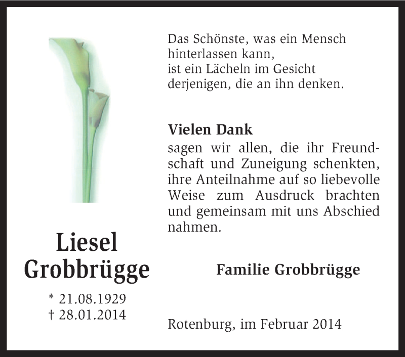  Traueranzeige für Liesel Grobbrügge vom 15.02.2014 aus KRZ