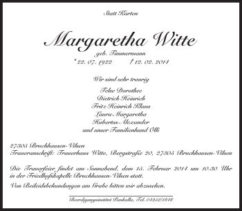 Traueranzeige von Margaretha Witte von KRZ