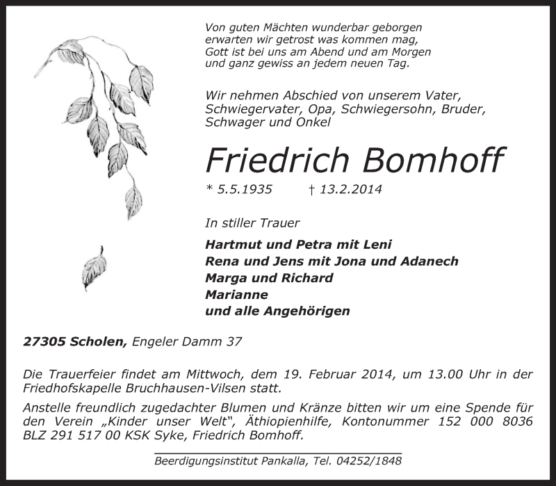  Traueranzeige für Friedrich Bomhoff vom 14.02.2014 aus KRZ