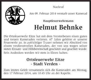 Traueranzeige von Helmut Behnke von KRZ