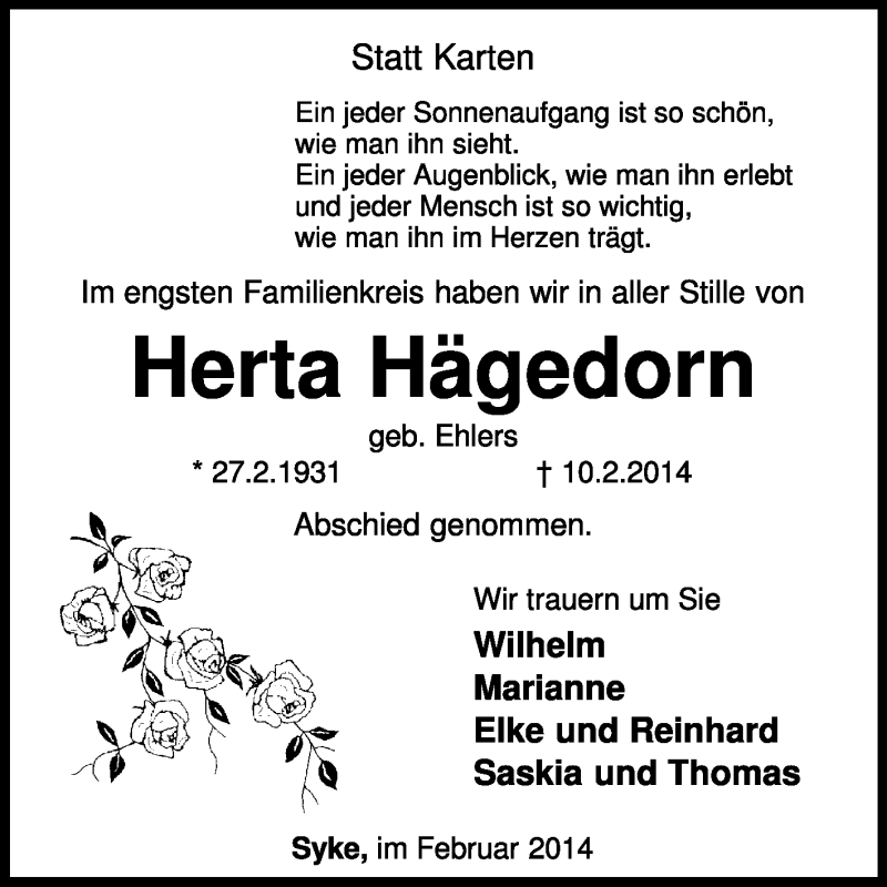  Traueranzeige für Herta Hägedorn vom 15.02.2014 aus KRZ
