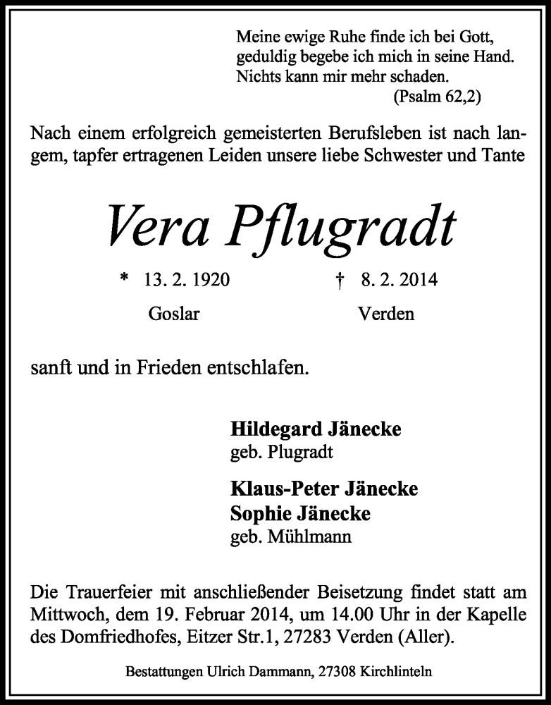  Traueranzeige für Vera Pflugradt vom 15.02.2014 aus KRZ