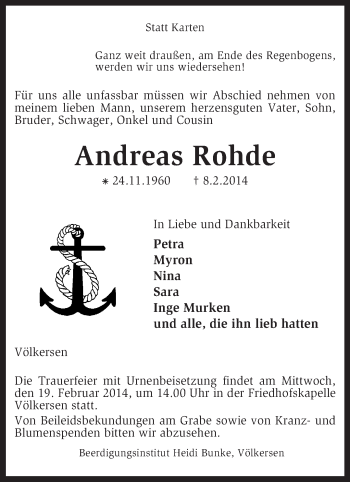 Traueranzeige von Andreas Rohde von KRZ