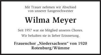 Traueranzeige von Wilma Meyer von KRZ