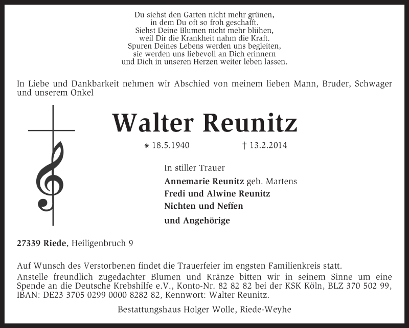 Traueranzeige für Walter Reunitz vom 15.02.2014 aus KRZ