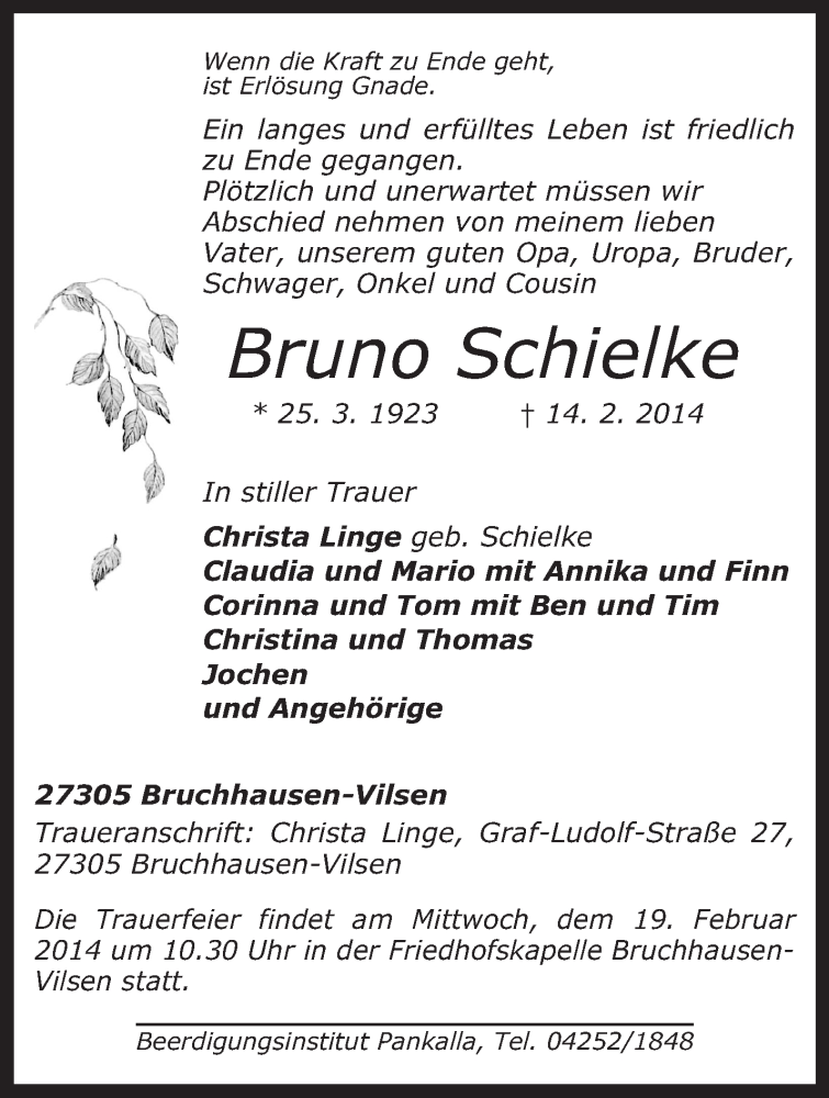  Traueranzeige für Bruno Schielke vom 17.02.2014 aus KRZ