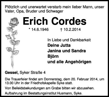 Traueranzeige von Erich Cordes von KRZ