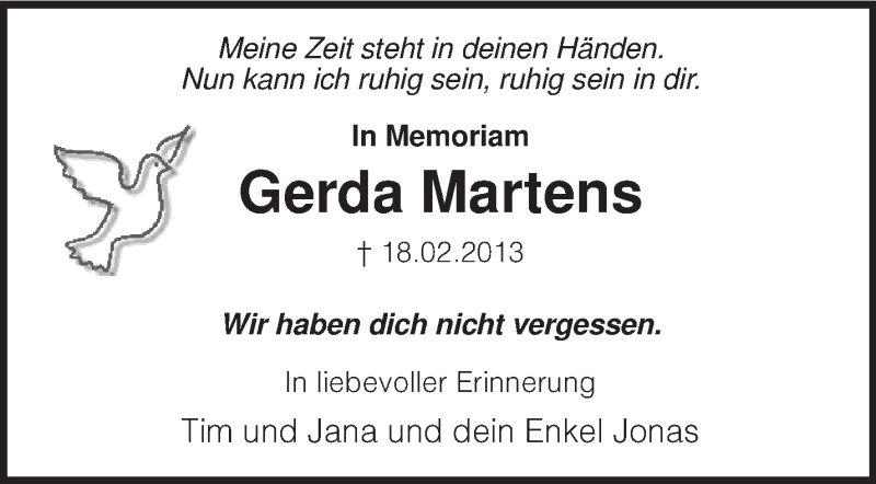  Traueranzeige für Gerda Martens vom 18.02.2014 aus KRZ