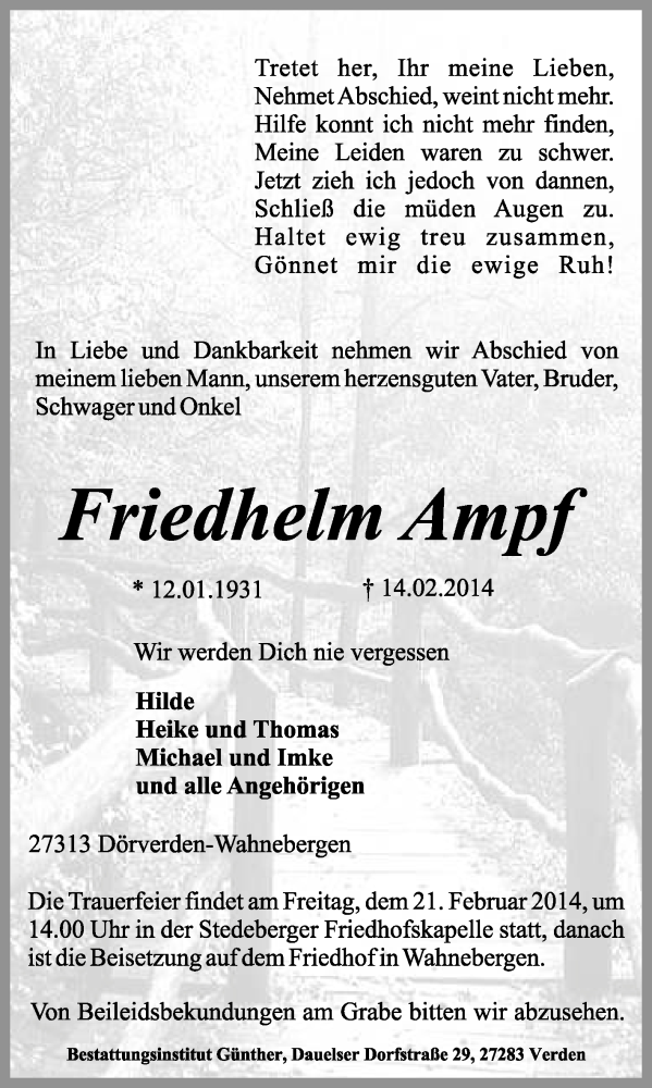  Traueranzeige für Friedhelm Ampf vom 18.02.2014 aus KRZ