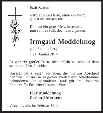 Traueranzeige von Irmgard Moddelmog von KRZ