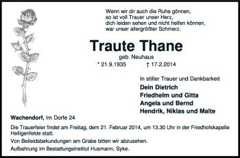 Traueranzeige von Traute Thane von KRZ