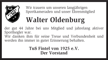 Traueranzeige von Walter Oldenburg von KRZ