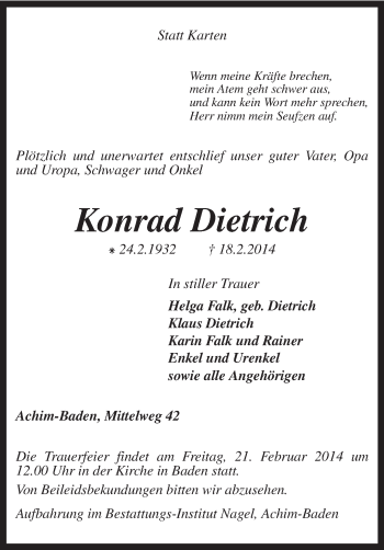 Traueranzeige von Konrad Dietrich von KRZ