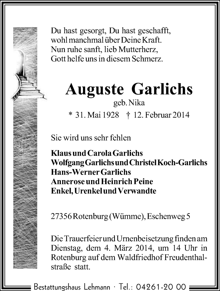  Traueranzeige für Auguste Garlichs vom 25.02.2014 aus KRZ