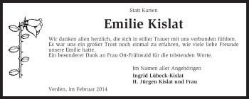 Traueranzeige von Emilie Kislat von KRZ