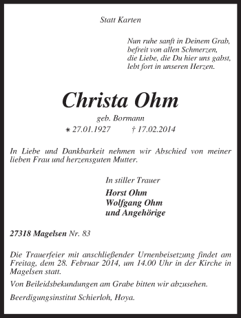 Traueranzeige von Christa Ohm von KRZ