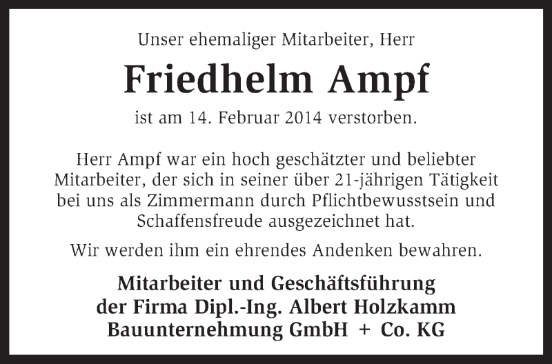  Traueranzeige für Friedhelm Ampf vom 22.02.2014 aus KRZ