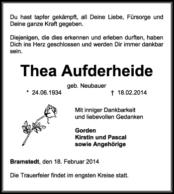 Traueranzeige von Thea Aufderheide von KRZ