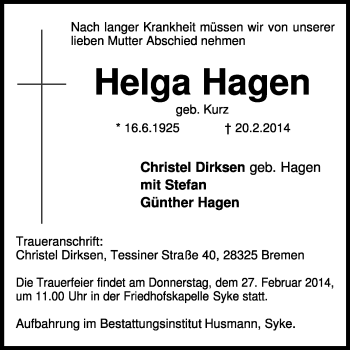 Traueranzeige von Helga Hagen von KRZ