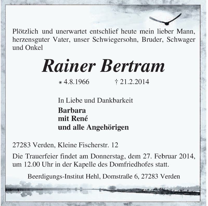  Traueranzeige für Rainer Bertram vom 25.02.2014 aus KRZ